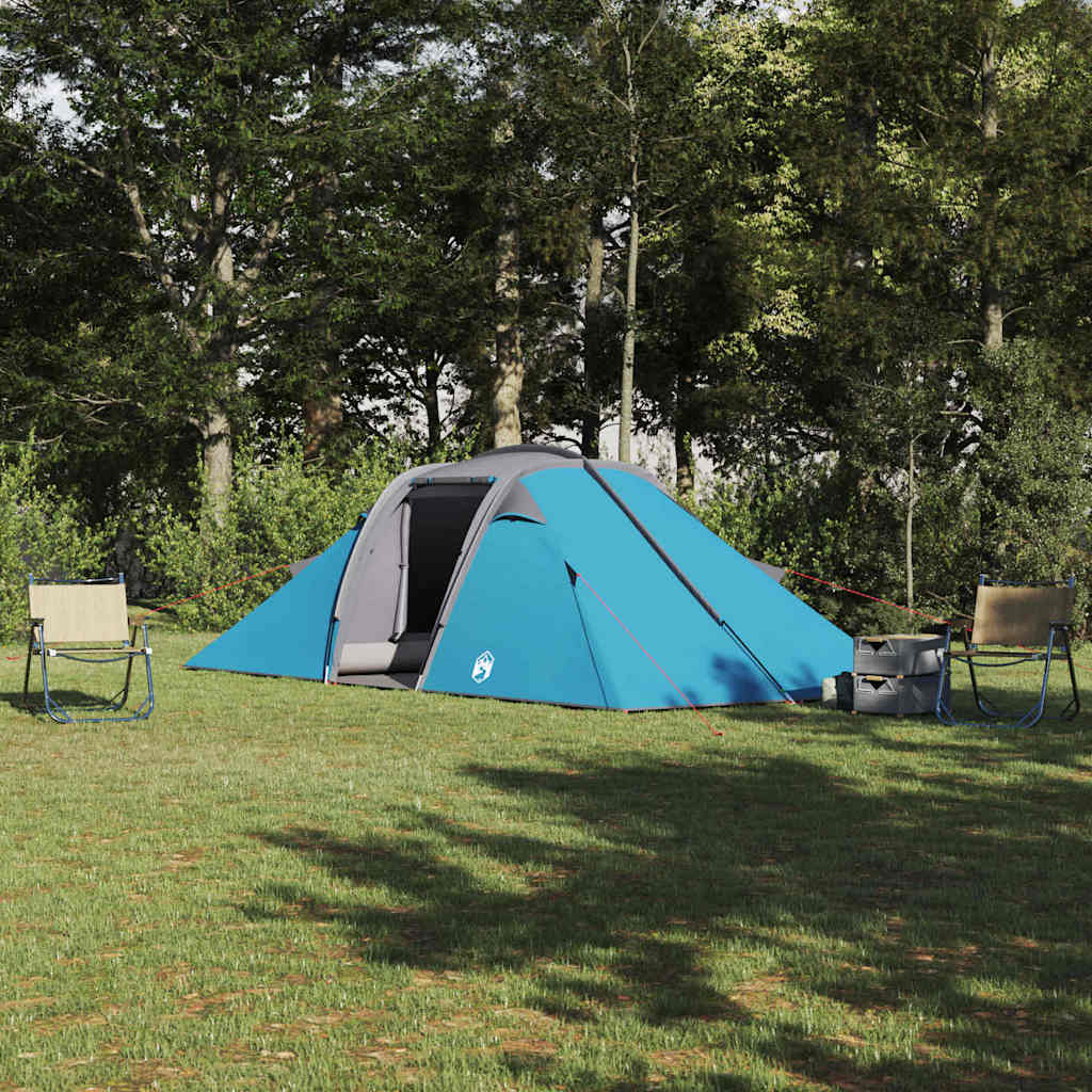 Blauwe vidaXL tunnel tent met dak, opgesteld in een groene omgeving.