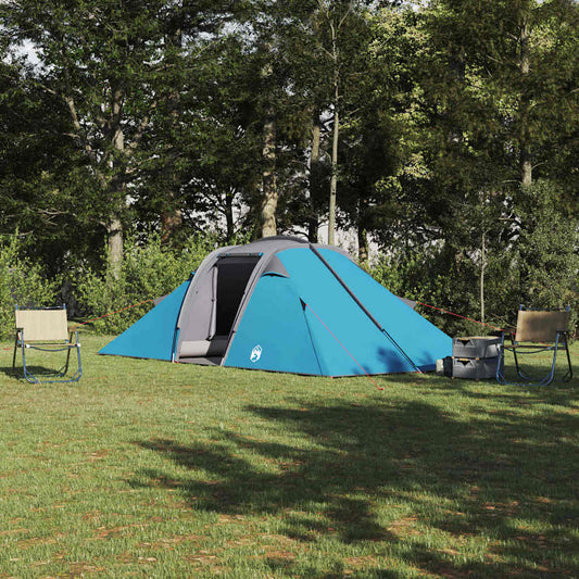 Blauwe vidaXL tunnel tent met dak, opgesteld in een groene omgeving.