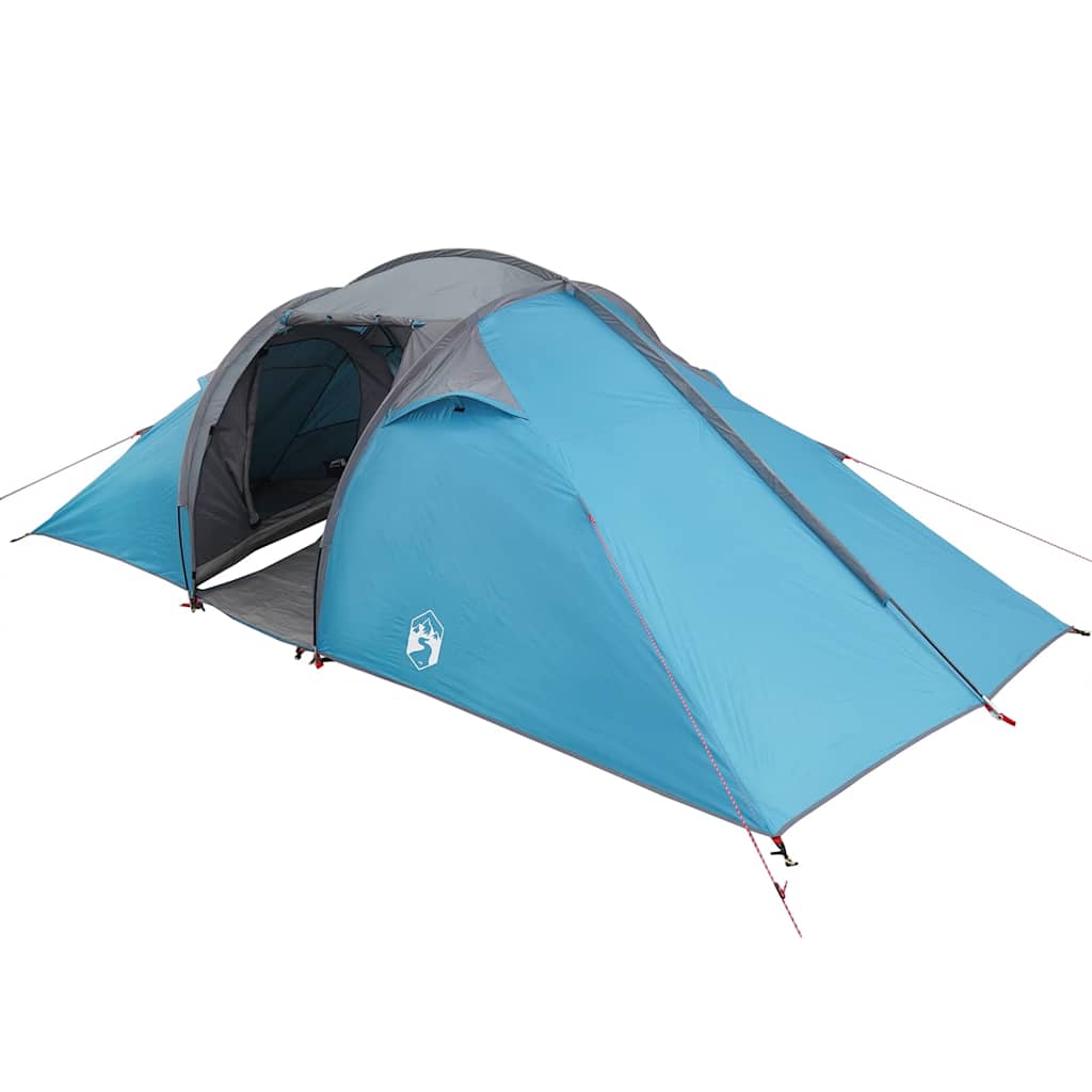 Zijaanzicht van de vidaXL Tunnel tent in blauw met dubbele ingang en ventilatie.