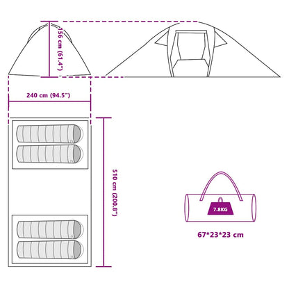 Detailtekening van de vidaXL Tunnel tent met afmetingen en opbergtas.