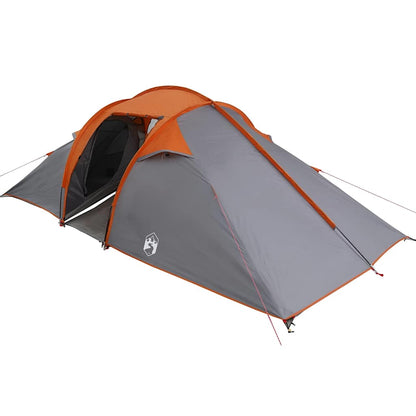 Detail van de vidaXL tunnel tent in grijs en oranje, zijaanzicht met ingang en ventilatie.