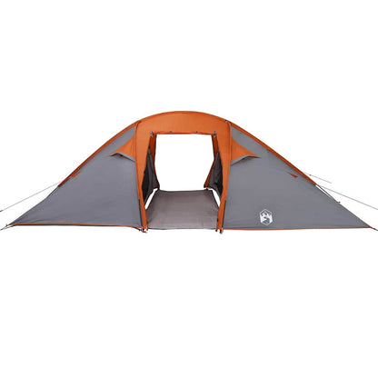 Zijaanzicht van de vidaXL Tunnel tent in grijs en oranje met open ingang.