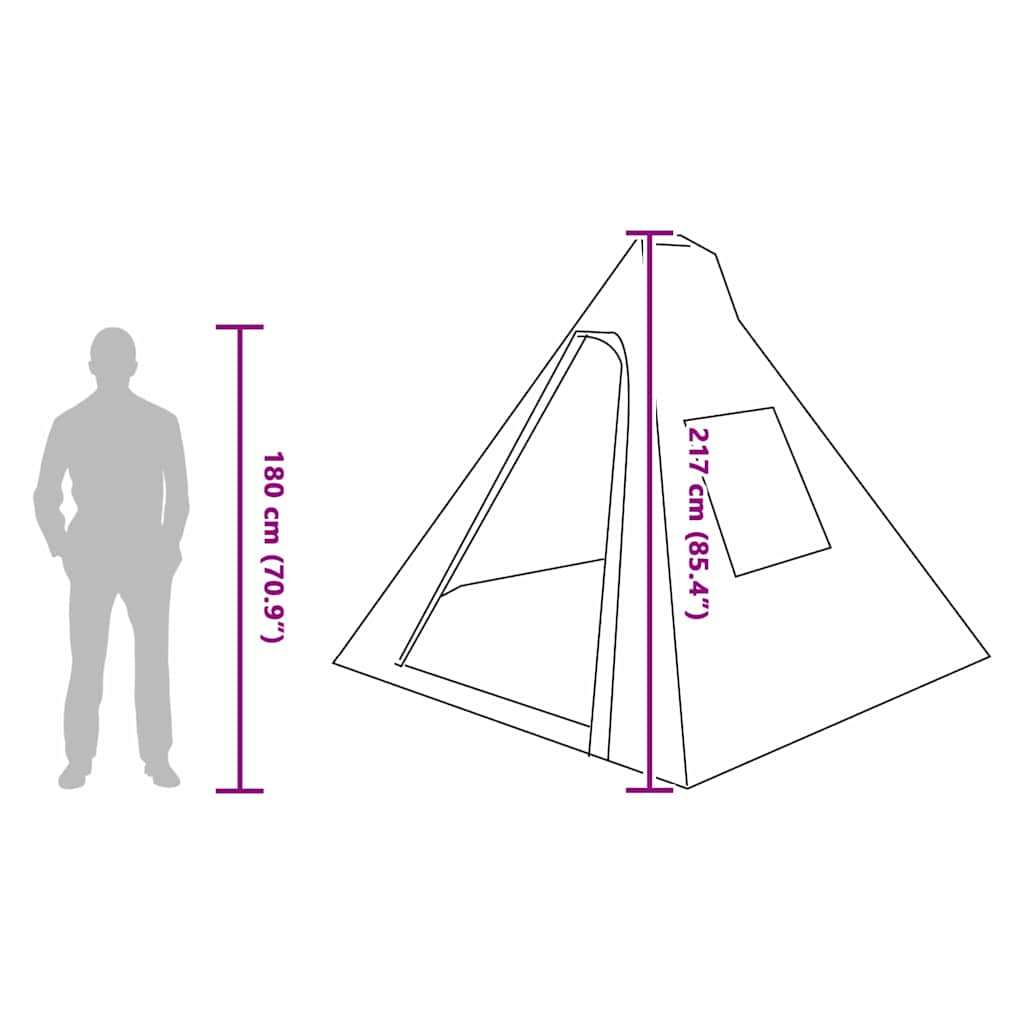 Detail van de vidaXL Tipi Tent met afmetingen en zijaanzicht van de ingang.