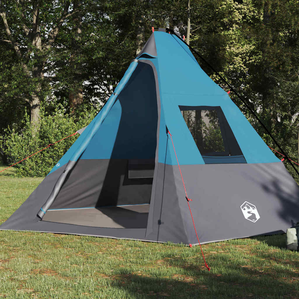 Detail van de vidaXL Tipi Tent in blauw met grijze onderkant en open ingang.