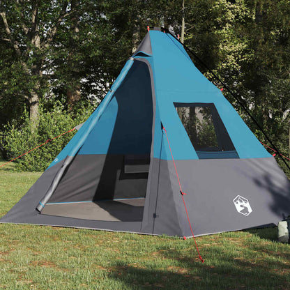 Detail van de vidaXL Tipi Tent in blauw met grijze onderkant en open ingang.