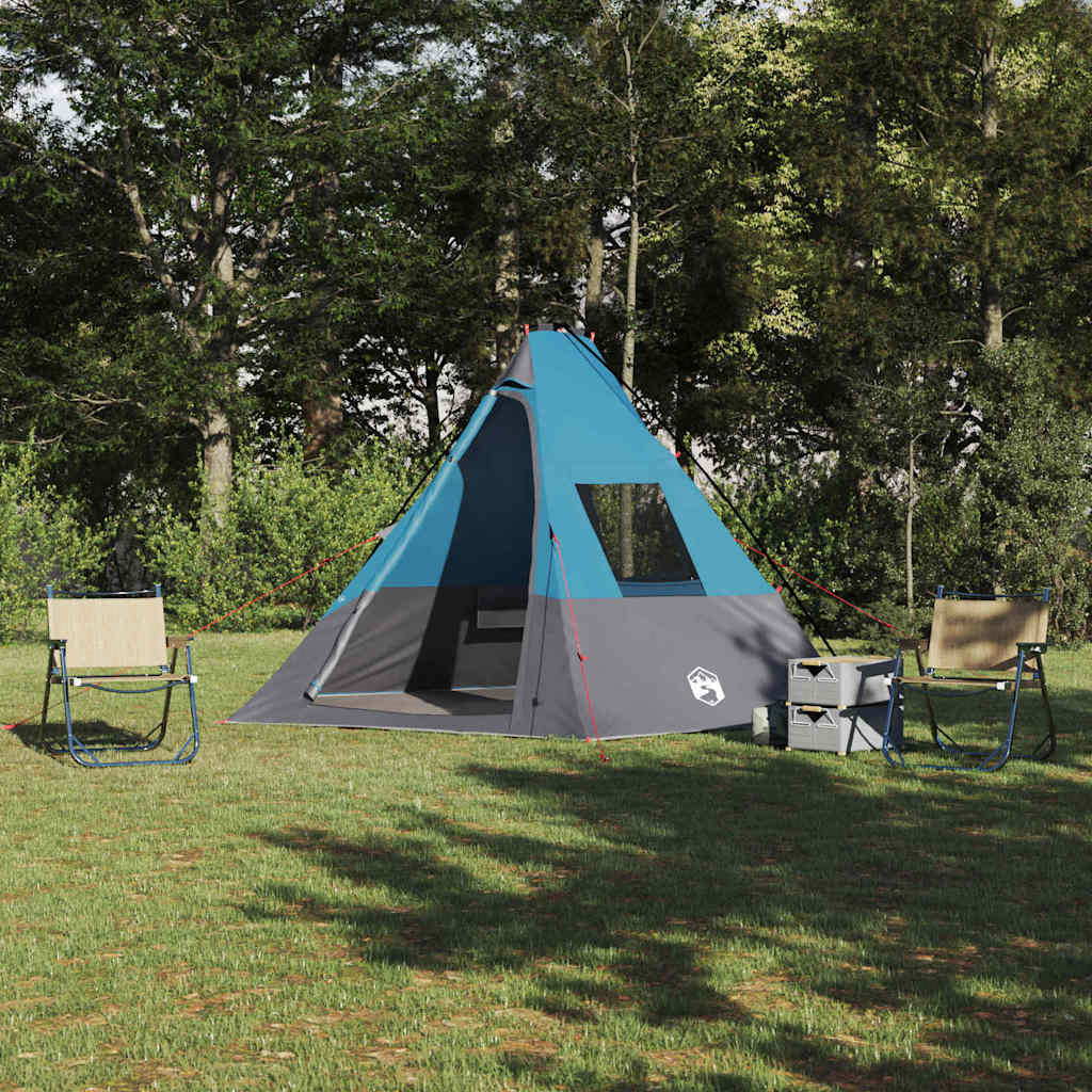 Blauwe vidaXL Tipi Tent met dak, opgezet in een groene omgeving met stoelen.