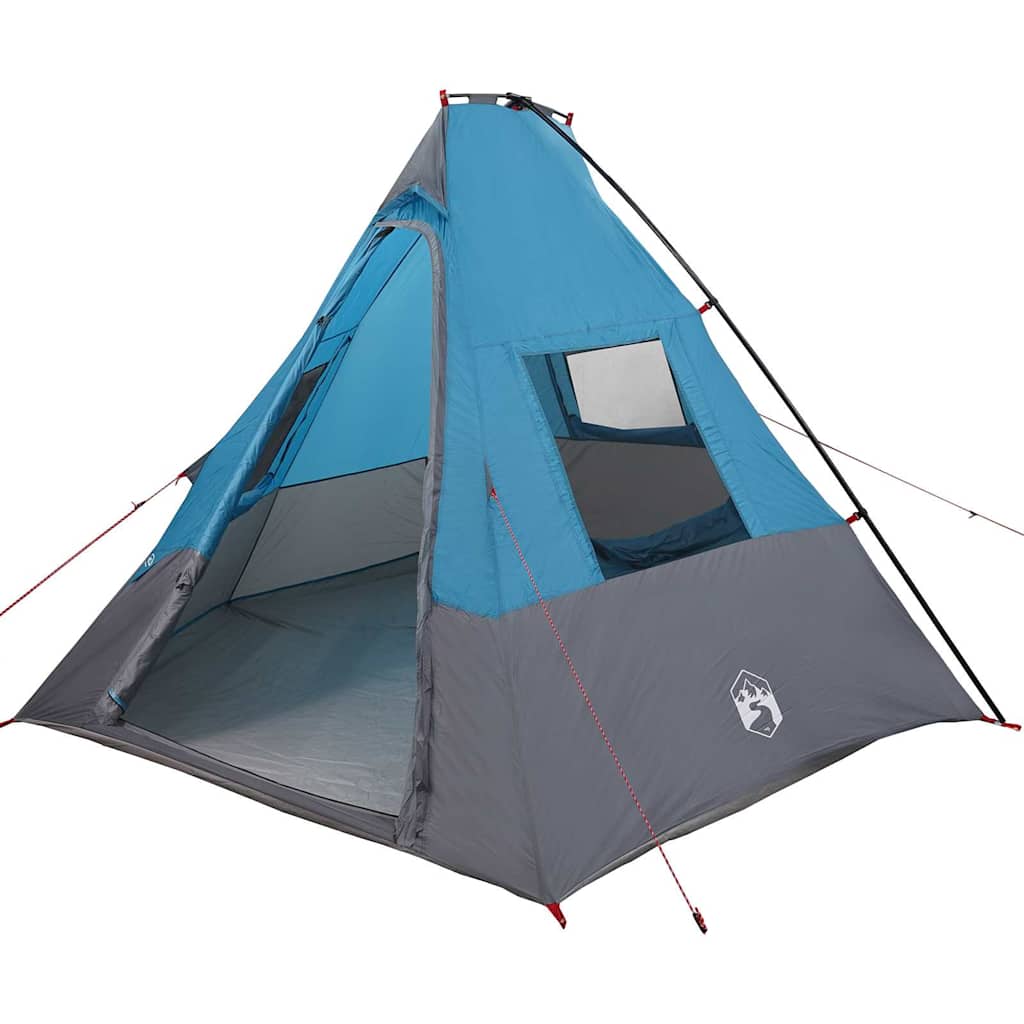 Detail van de vidaXL Tipi Tent in blauw, zijaanzicht met open ingang en vensters.