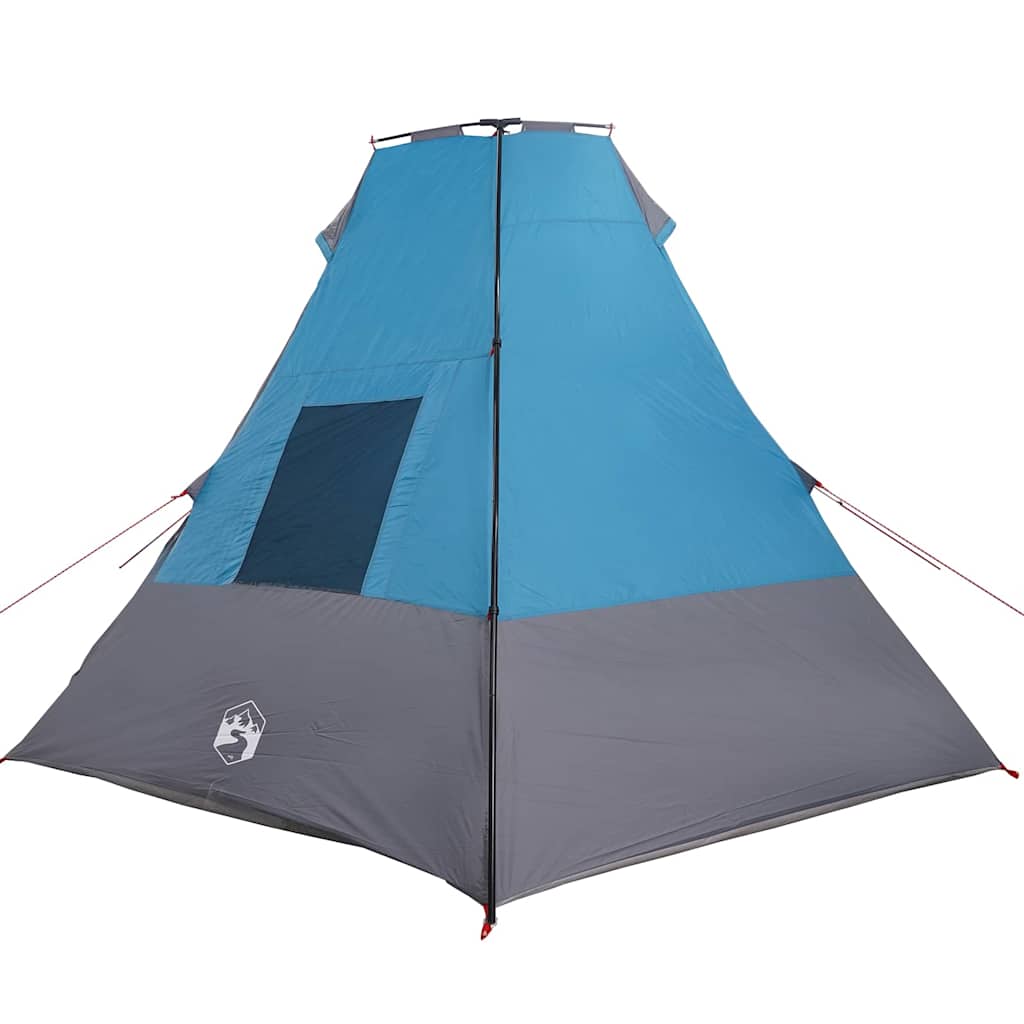 Zijaanzicht van de vidaXL Tipi Tent in blauw met grijze details en een ventilatieopening.