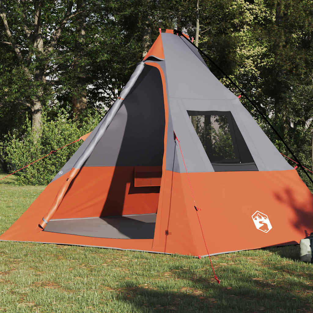 Zijaanzicht van de vidaXL Tipi Tent in grijs en oranje met open ingang.