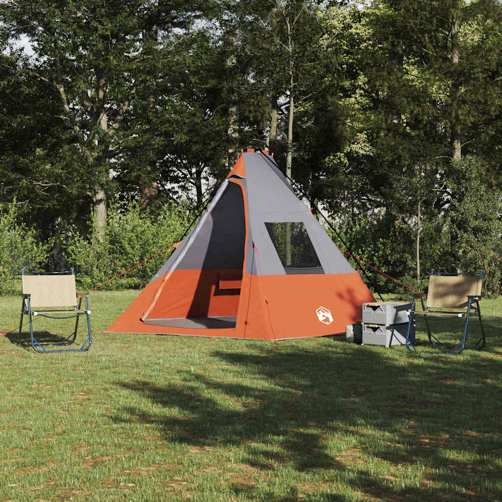 VidaXL Tipi Tent in grijs en oranje, ruime opstelling met stoelen in de natuur.