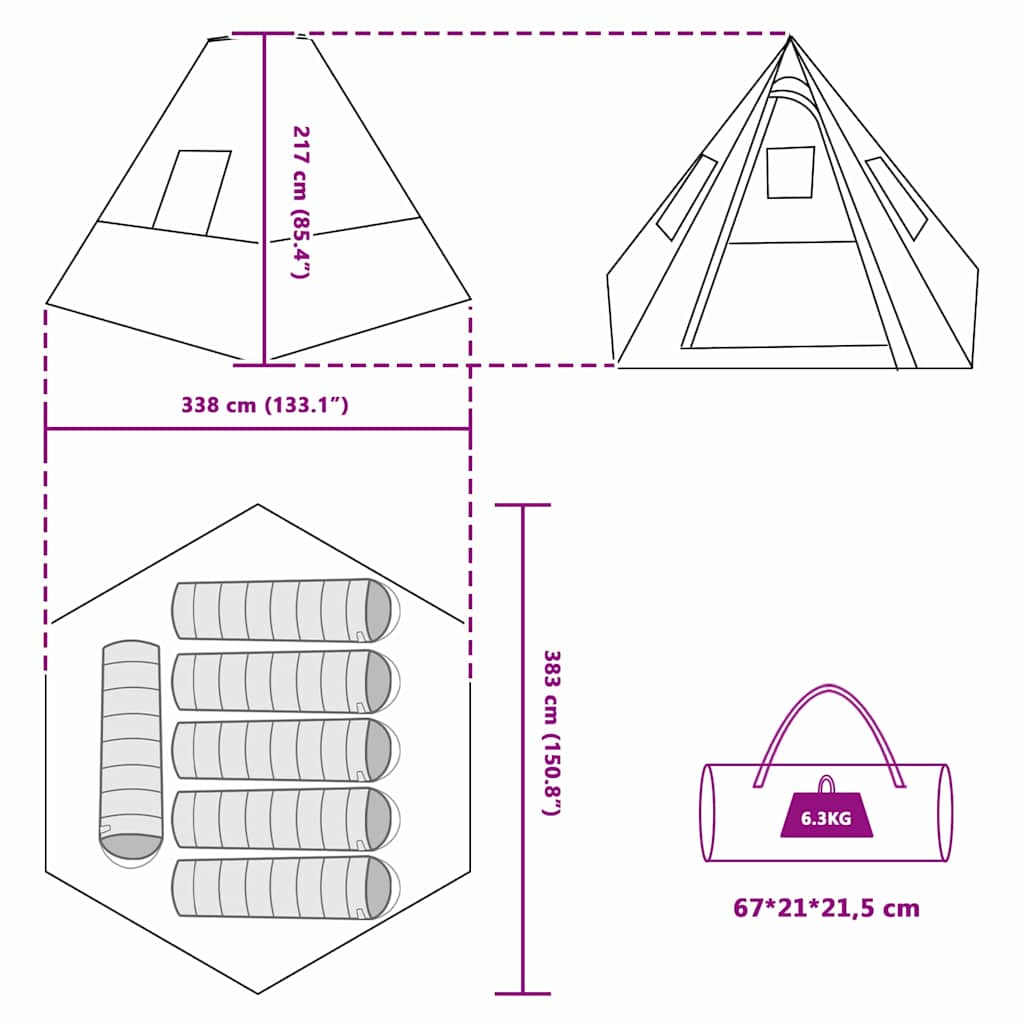 Detail van de vidaXL Tipi Tent met afmetingen en indeling voor zes personen.