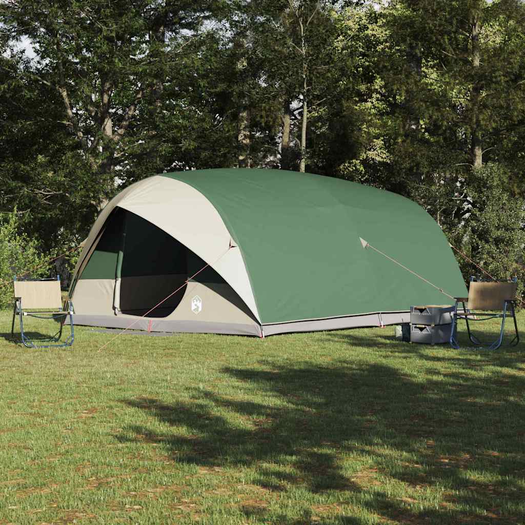 vidaXL Tunnel tent in groen met dak, opgesteld op gras met twee stoelen ernaast