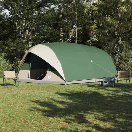 vidaXL Tunnel tent in groen met dak, opgesteld op gras met twee stoelen ernaast