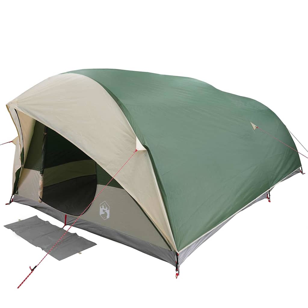 Zijaanzicht van de vidaXL Tunnel tent met groen dak en ingang.