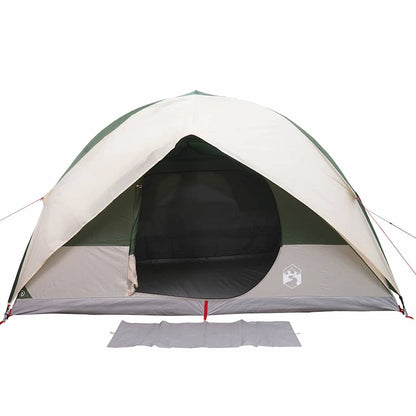 Detail van de groene vidaXL Tunnel tent met open ingang en beschermmat.