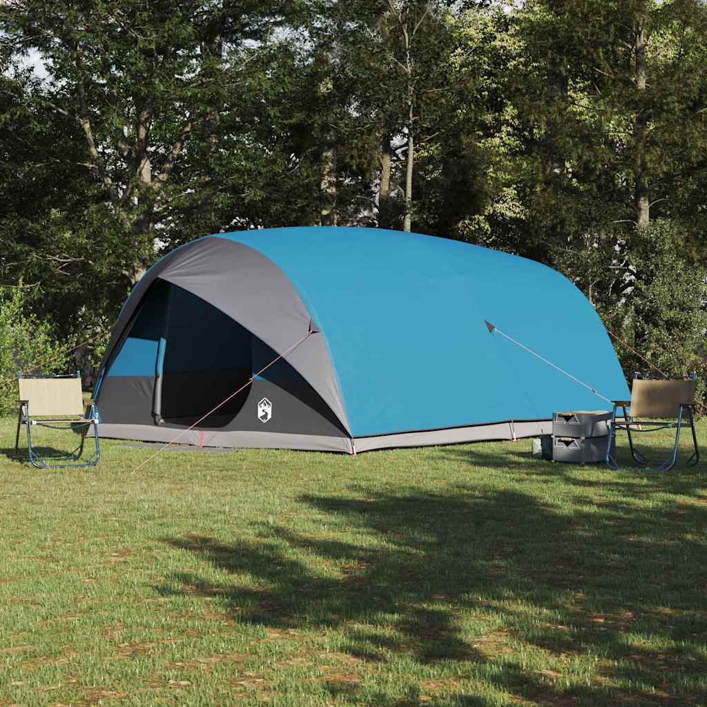 Blauwe vidaXL tunnel tent met dak, ruime opstelling in de natuur.