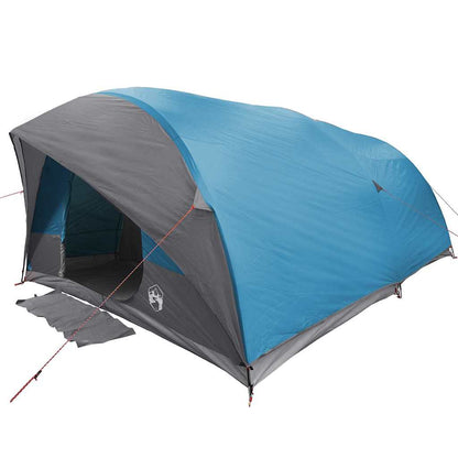 Zijaanzicht van de blauwe vidaXL Tunnel tent met dak en ingang.