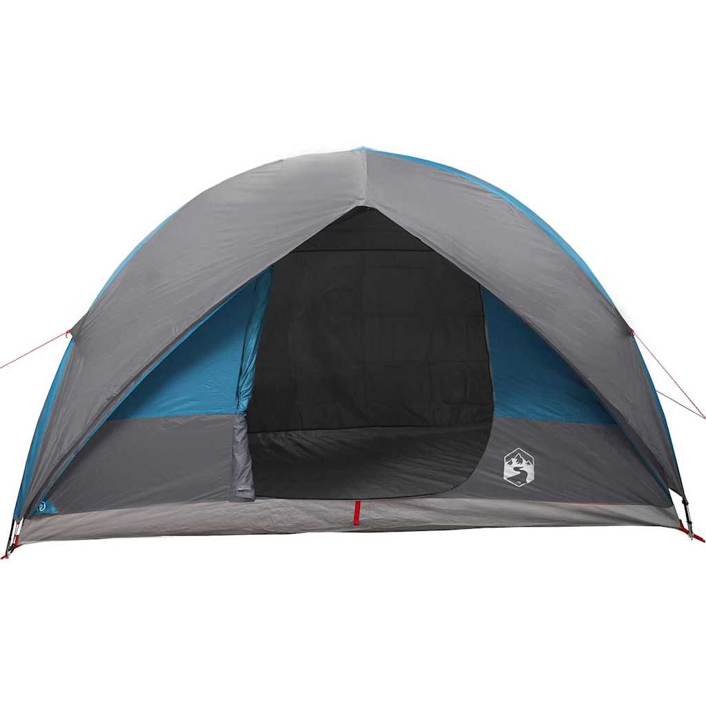 Zijaanzicht van de vidaXL Tunnel tent in blauw met grijze details en open ingang.