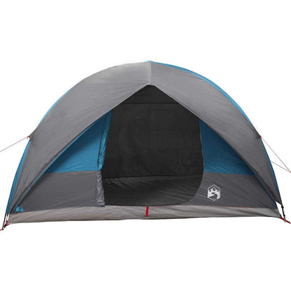 Zijaanzicht van de vidaXL Tunnel tent in blauw met grijze details en open ingang.