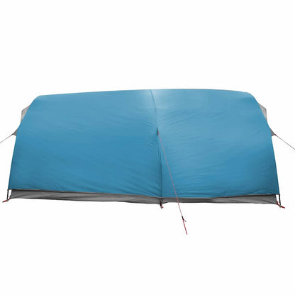 Zijaanzicht van de blauwe vidaXL Tunnel tent met dak en opslag, met gladde stof.
