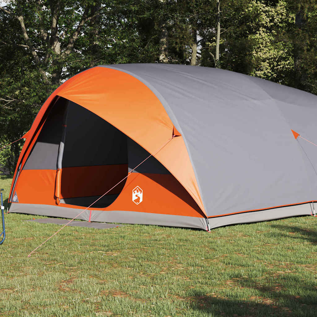 Zijaanzicht van de vidaXL Tunnel tent in grijs en oranje, met open ingang.