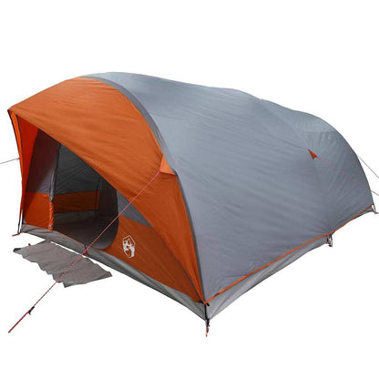 Zijaanzicht van de vidaXL Tunnel tent in grijs en oranje met open ingang.