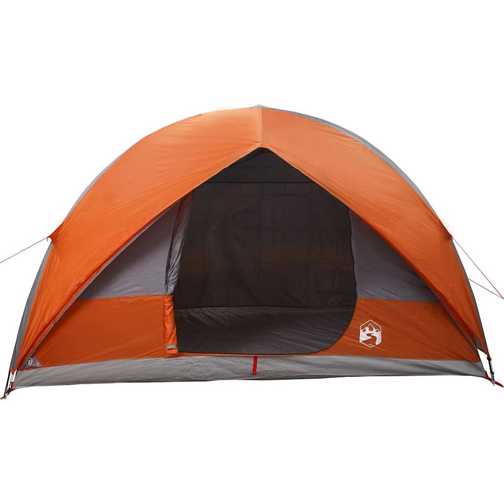 Zijaanzicht van de vidaXL Tunnel tent met grijs en oranje dak.