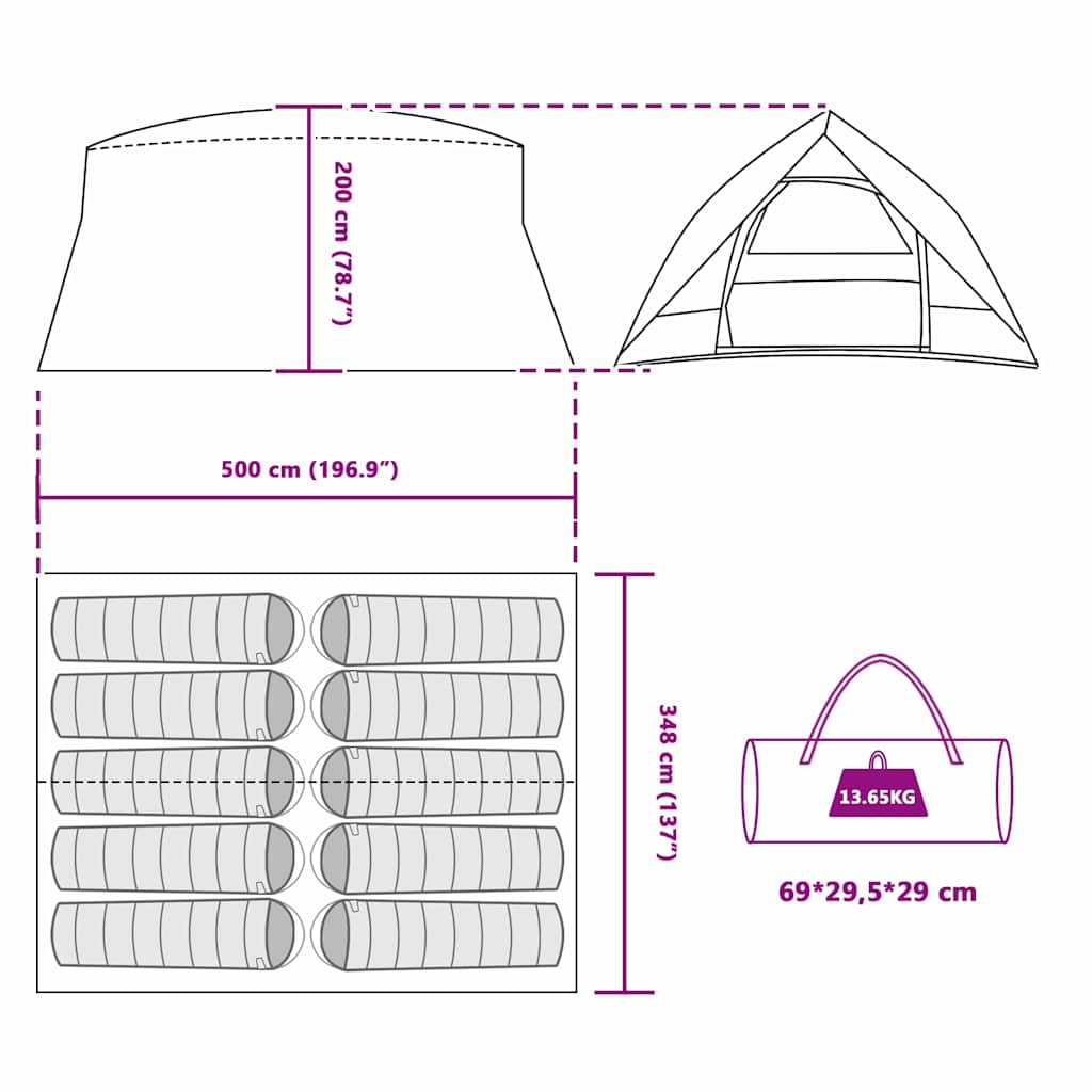 Detailtekening van de vidaXL Tunnel tent met afmetingen en opbergzak.