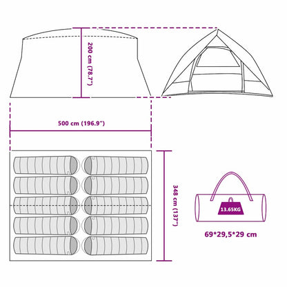 Detailtekening van de vidaXL Tunnel tent met afmetingen en opbergzak.