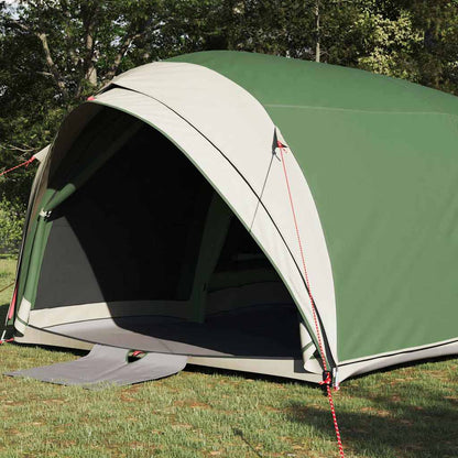 Detail van de groene vidaXL Tunnel tent met dak, zijaanzicht van de opening.