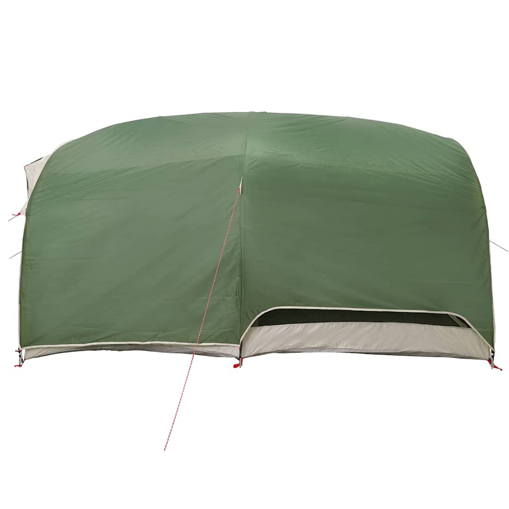Detail van de groene vidaXL tunnel tent met dak en opslag, zijaanzicht.