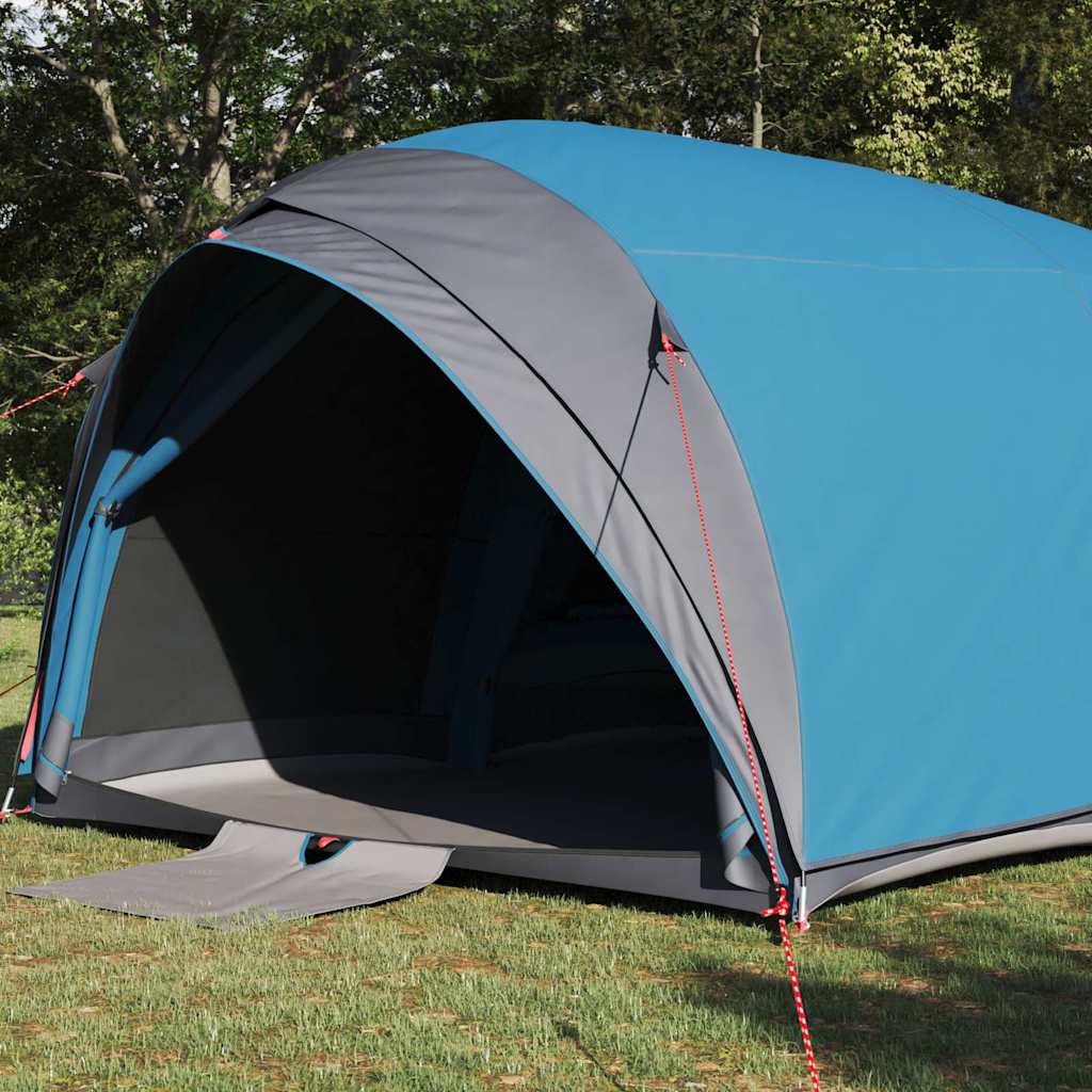 Zijaanzicht van de vidaXL tunnel tent in blauw met grijze details en open ingang.