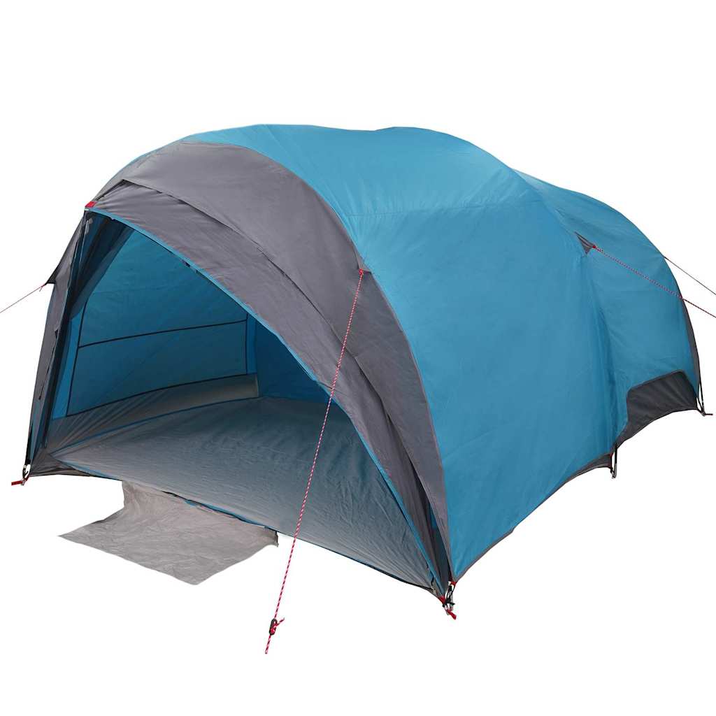 Zijaanzicht van de vidaXL Tunnel tent in blauw met een ruime ingang en opbergruimte.