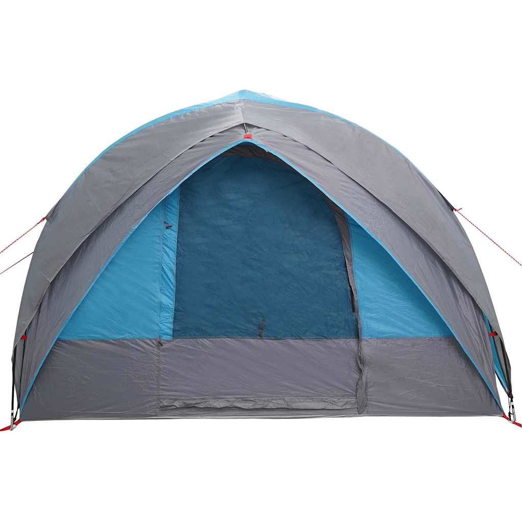 Zijaanzicht van de vidaXL Tunnel tent in blauw met grijze details en open deur.