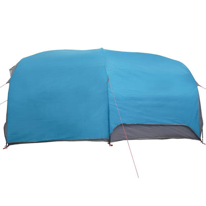 Zijaanzicht van de blauwe vidaXL tunnel tent met een gladde, waterdichte bovenkant.
