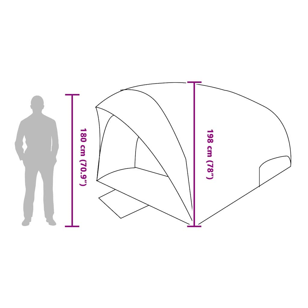Detail van de tunnel tent vidaXL met afmetingen en zijaanzicht van de ingang.