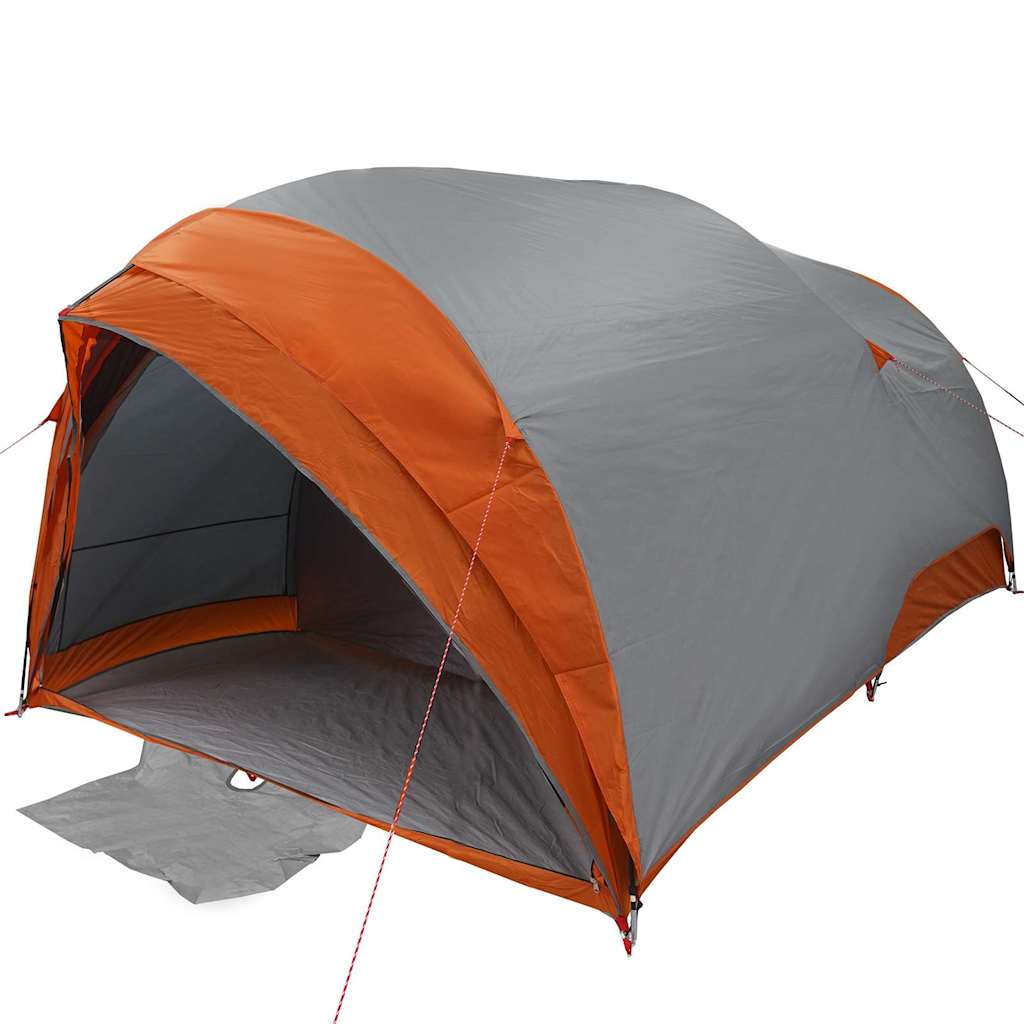 Detail van de vidaXL Tunnel tent in grijs en oranje, zijaanzicht met open ingang.