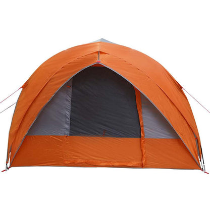 Detail van de vidaXL Tunnel tent in grijs en oranje, met een ruime ingang.