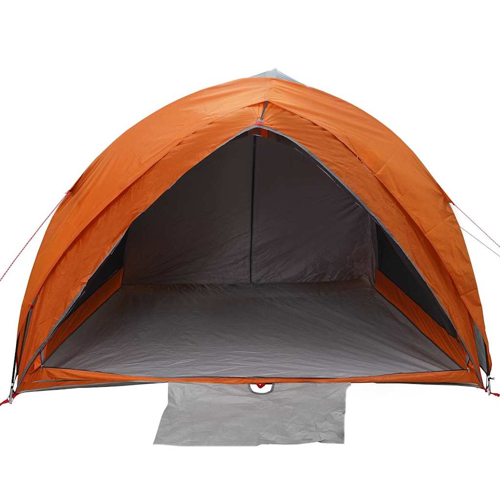 Detail van de vidaXL Tunnel tent in grijs en oranje, met open ingang en ruime binnenruimte.