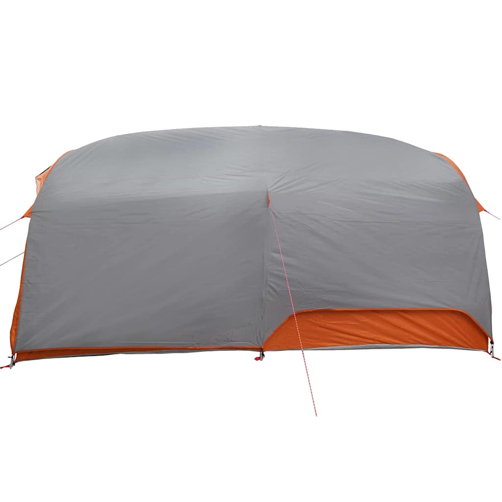 Zijaanzicht van de vidaXL Tunnel tent in grijs en oranje, met stevige taffeta stof.