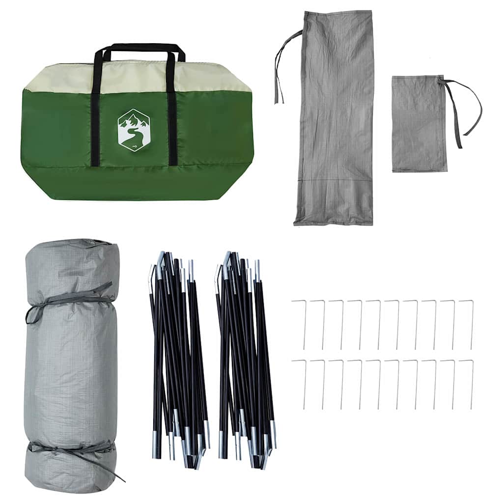 Accessoires van de vidaXL binnentent in groen, inclusief stokken, haringen en opbergtas.