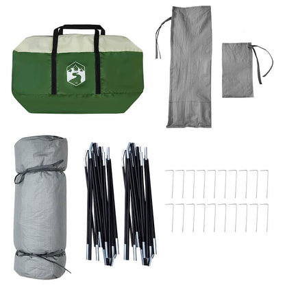 Accessoires van de vidaXL binnentent in groen, inclusief stokken, haringen en opbergtas.