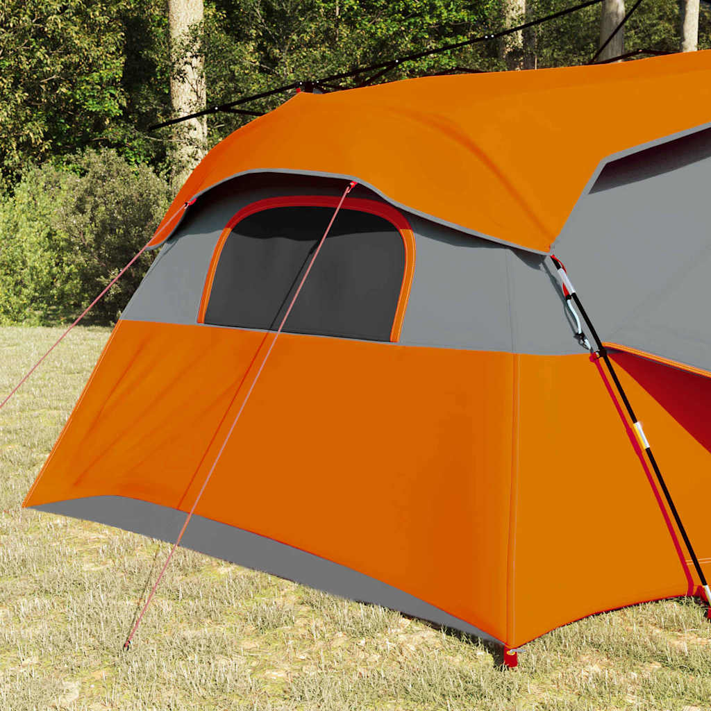 Detail van de grijze en oranje vidaXL binnentent met dak, zijaanzicht van het ventilatierooster.