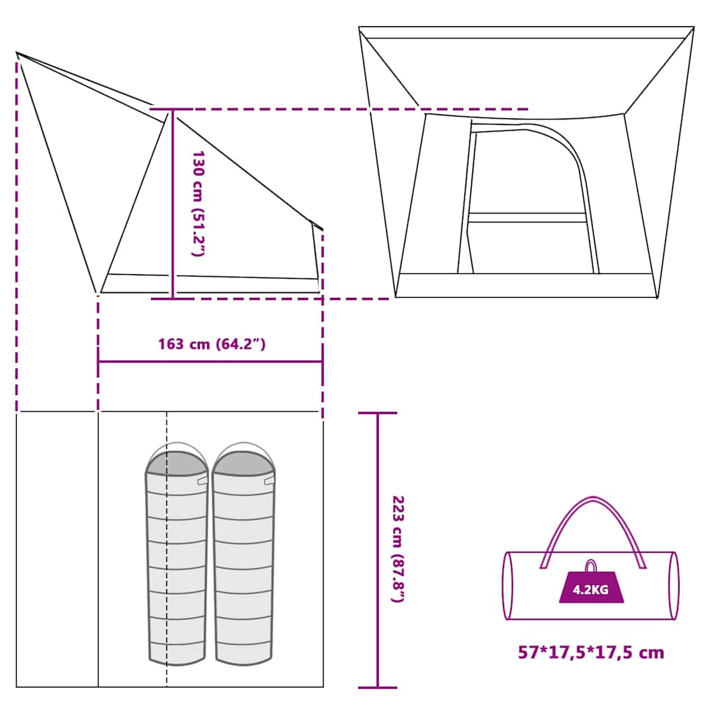 Detailtekening van de vidaXL campingtent met afmetingen en opbergtas.