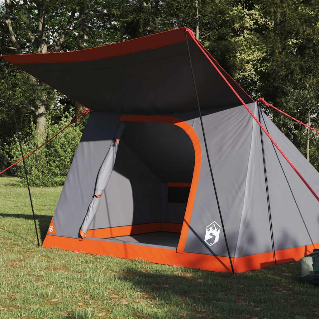 Zijaanzicht van de vidaXL Camping Tent in grijs en oranje met een open ingang.