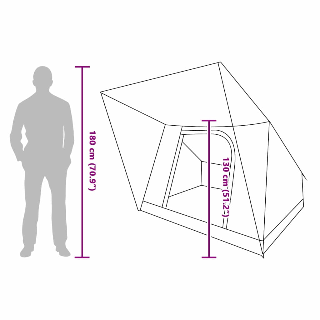 Zijaanzicht van de vidaXL Camping Tent met afmetingen en hoogte-indicatie.
