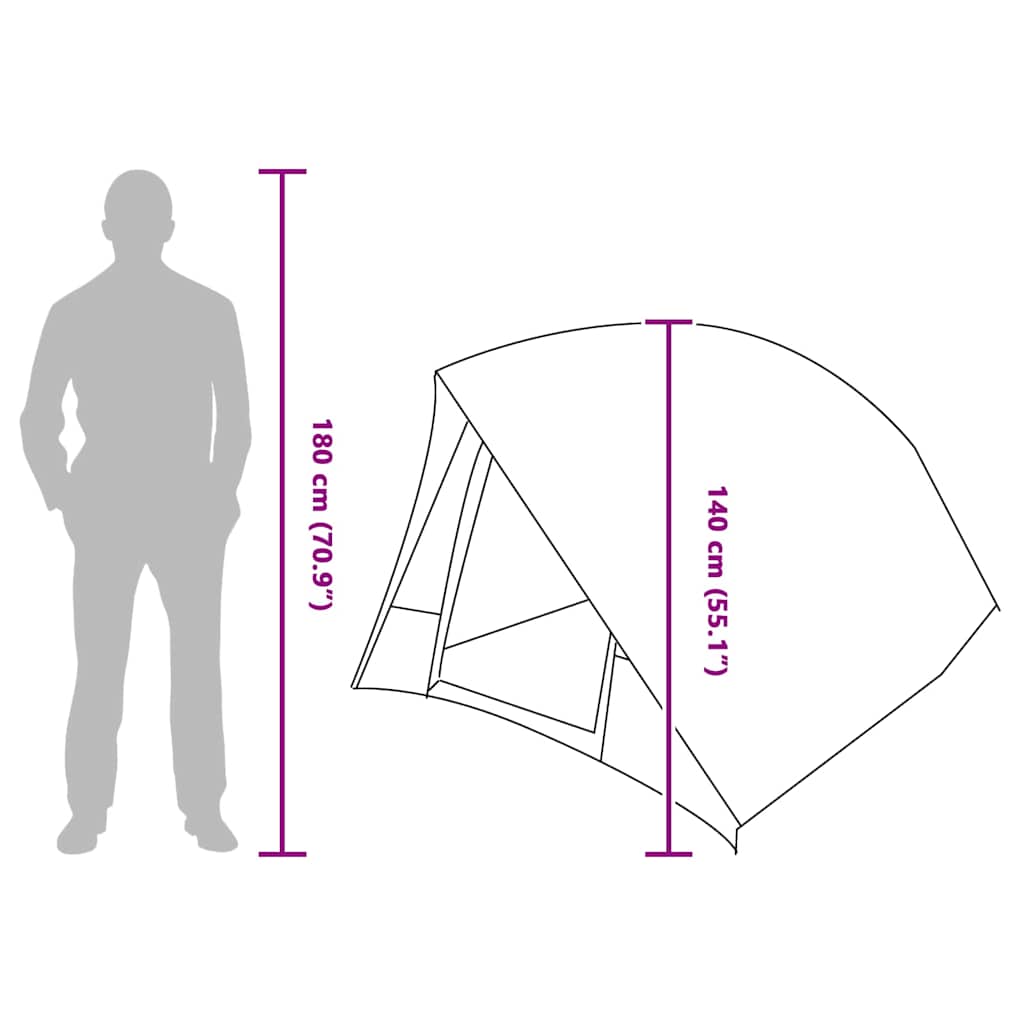 Zijaanzicht van de vidaXL Camping Tent met afmetingen en ruimte voor twee personen.