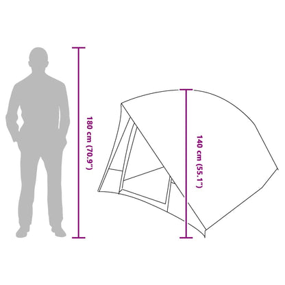 Zijaanzicht van de vidaXL Camping Tent met afmetingen en ruimte voor twee personen.