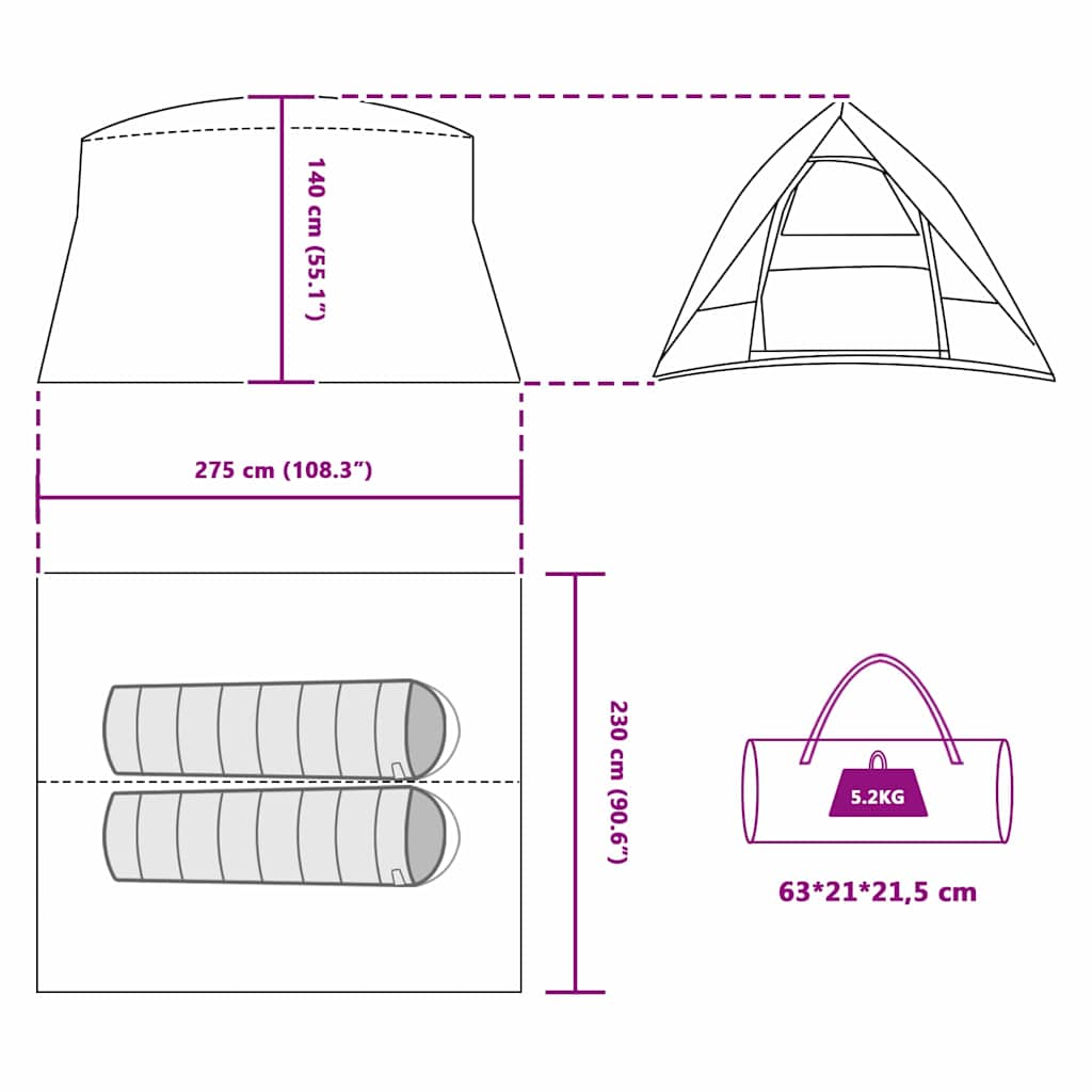Detailweergave van de afmetingen en opslagmogelijkheden van de vidaXL Camping Tent in groen.