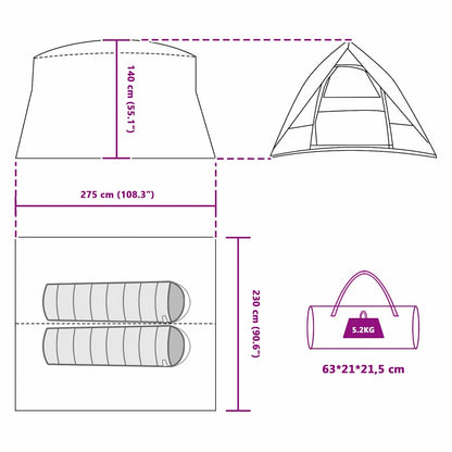 Detailweergave van de afmetingen en opslagmogelijkheden van de vidaXL Camping Tent in groen.